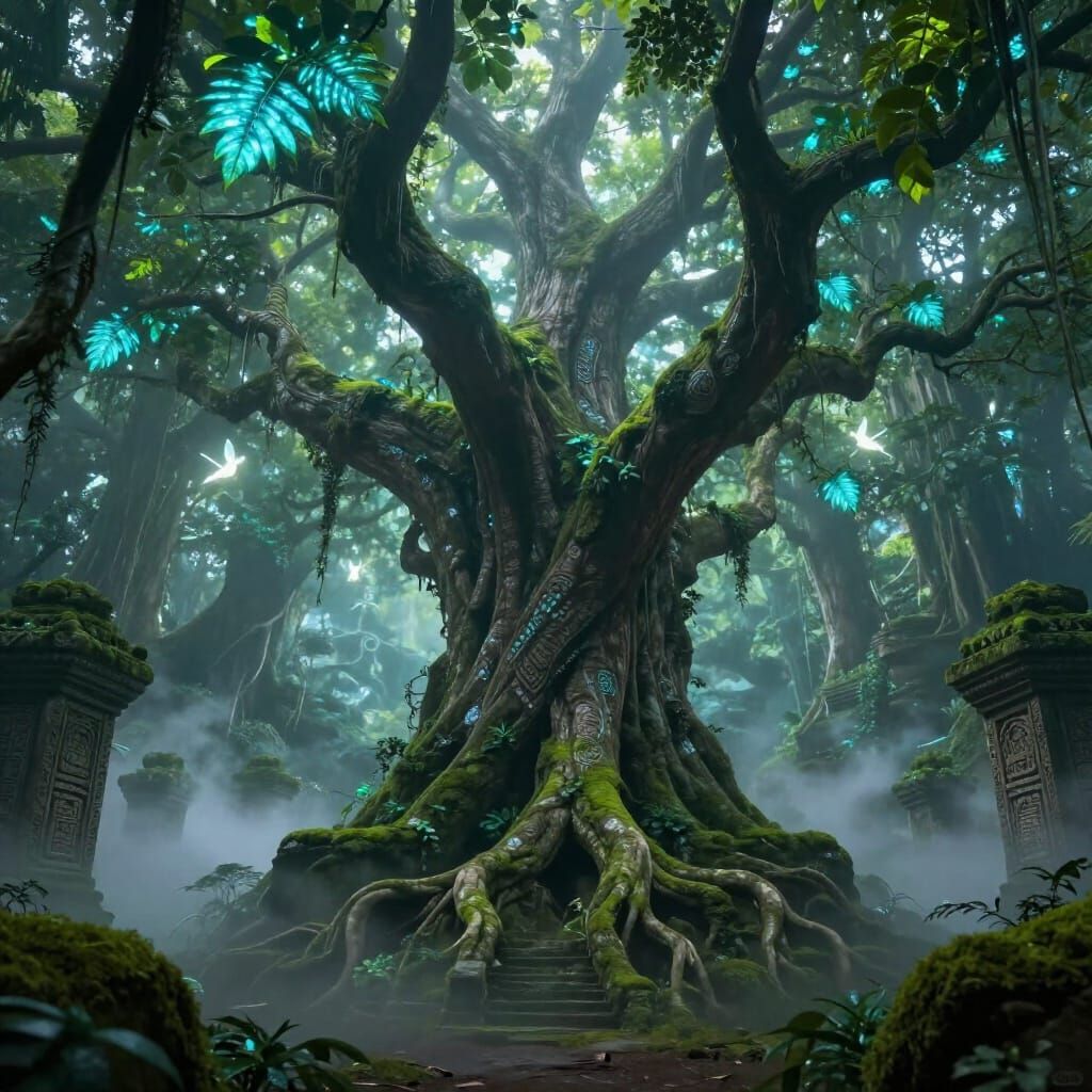 Ancient Bioluminescent Tree Guards Hidden Jungle Temple