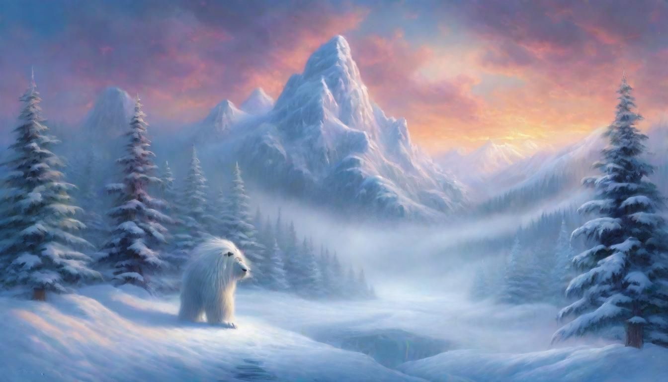 Giant Yeti's Snowy Dance: Ethereal Fantasy Landscape
