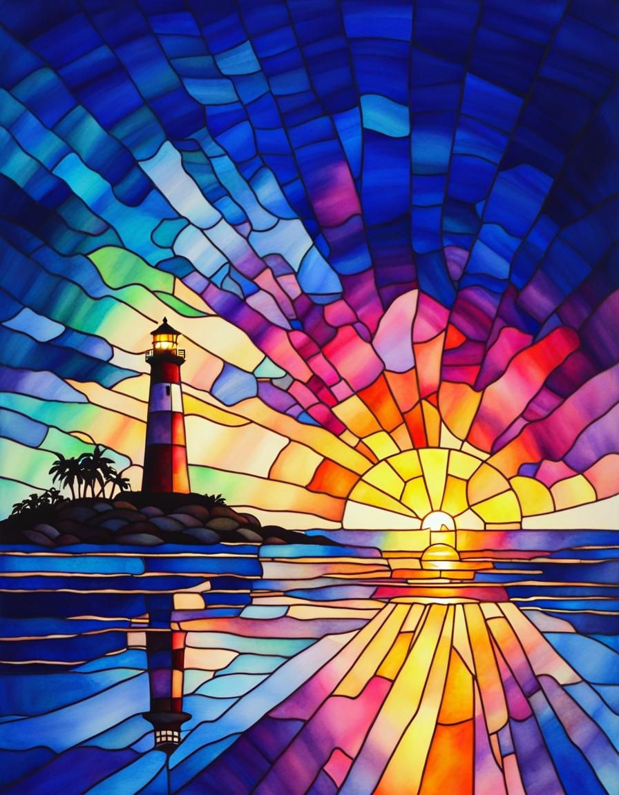 Stained glass watercolor lighthouse at sunrise