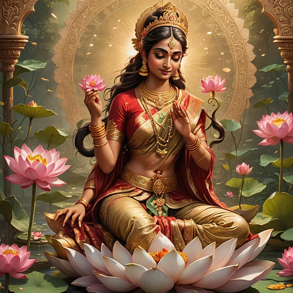 Goddess Lakshmi on Lotus Flower: Divine Concept Art