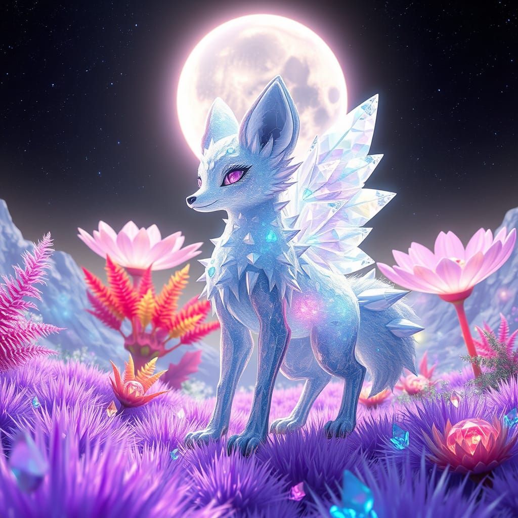 Crystalline Fox in Alien Landscape, 3D Anime Style