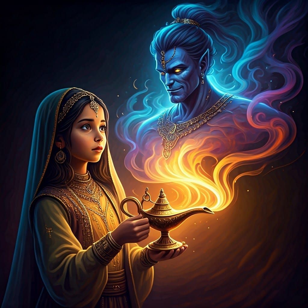 Genie Emerges from Oil Lamp in Matte Painting Style