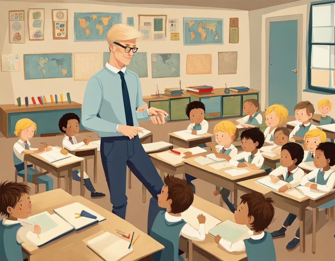 Folk Art Classroom Scene with Teacher and Students