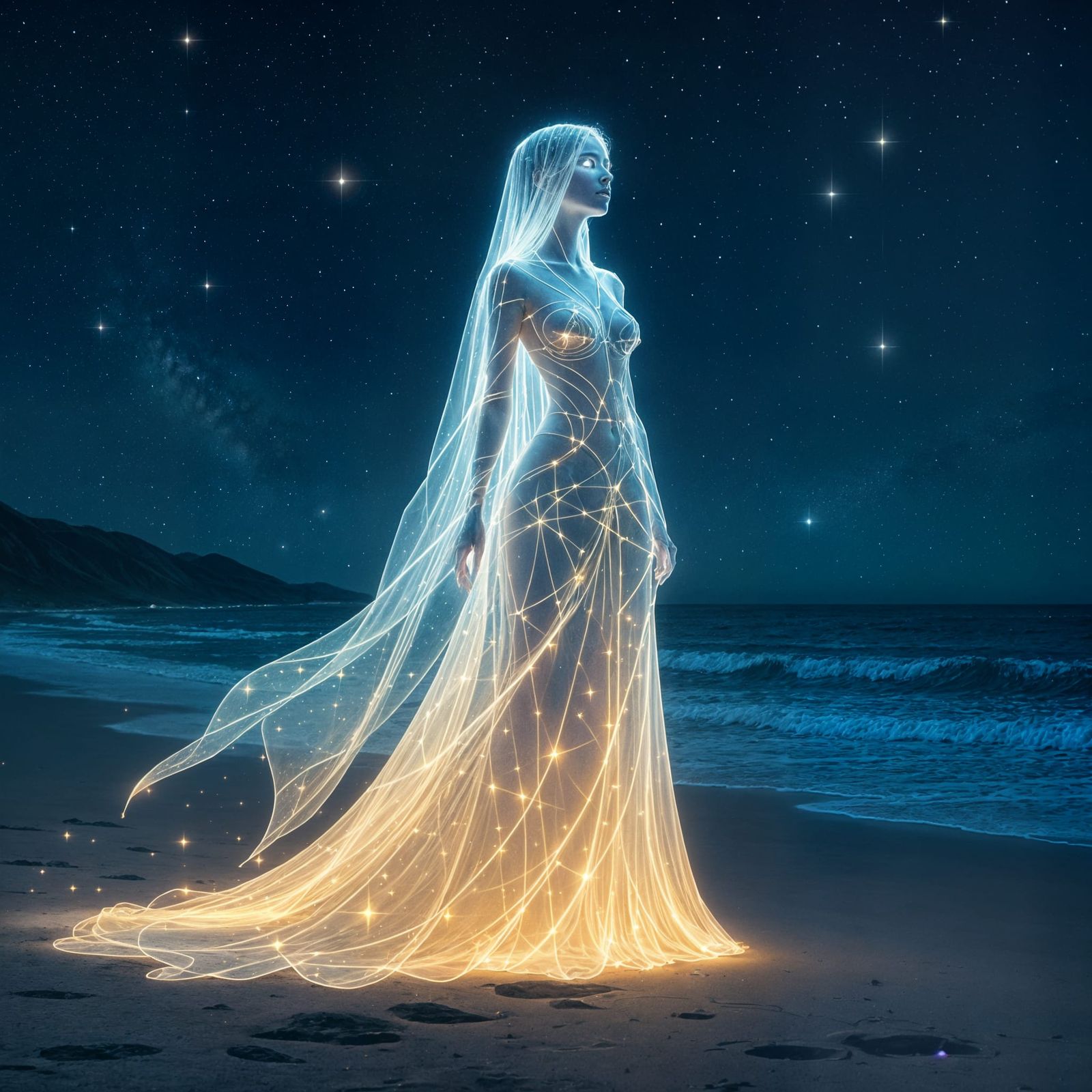 Ethereal Woman Gazing at Stars in Astral Style
