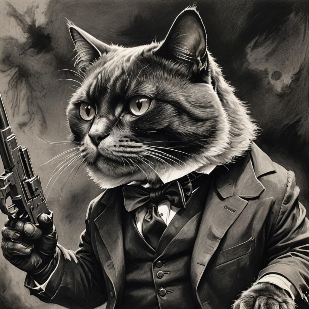 Charcoal Assassin Cat in Film Noir Style
