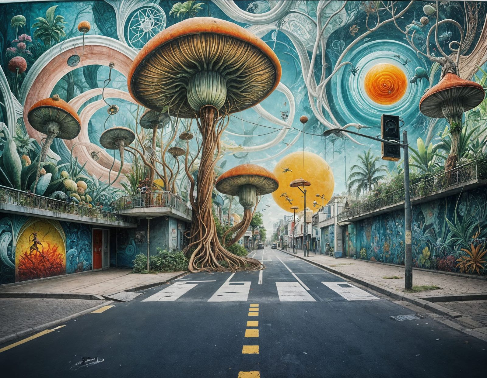 Surreal Dreamscape Mural in Street Art Style