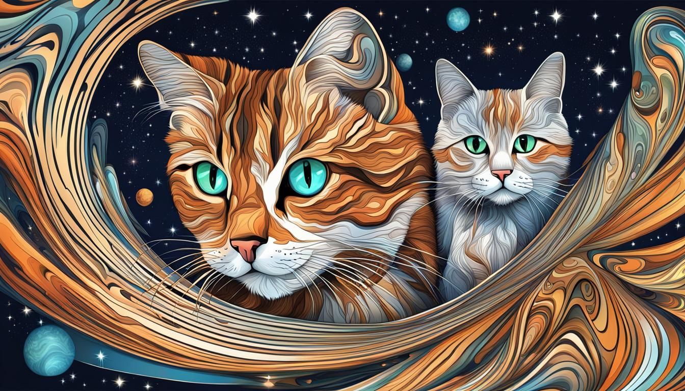 Cats Playing in Space with Abstract Fractal Art
