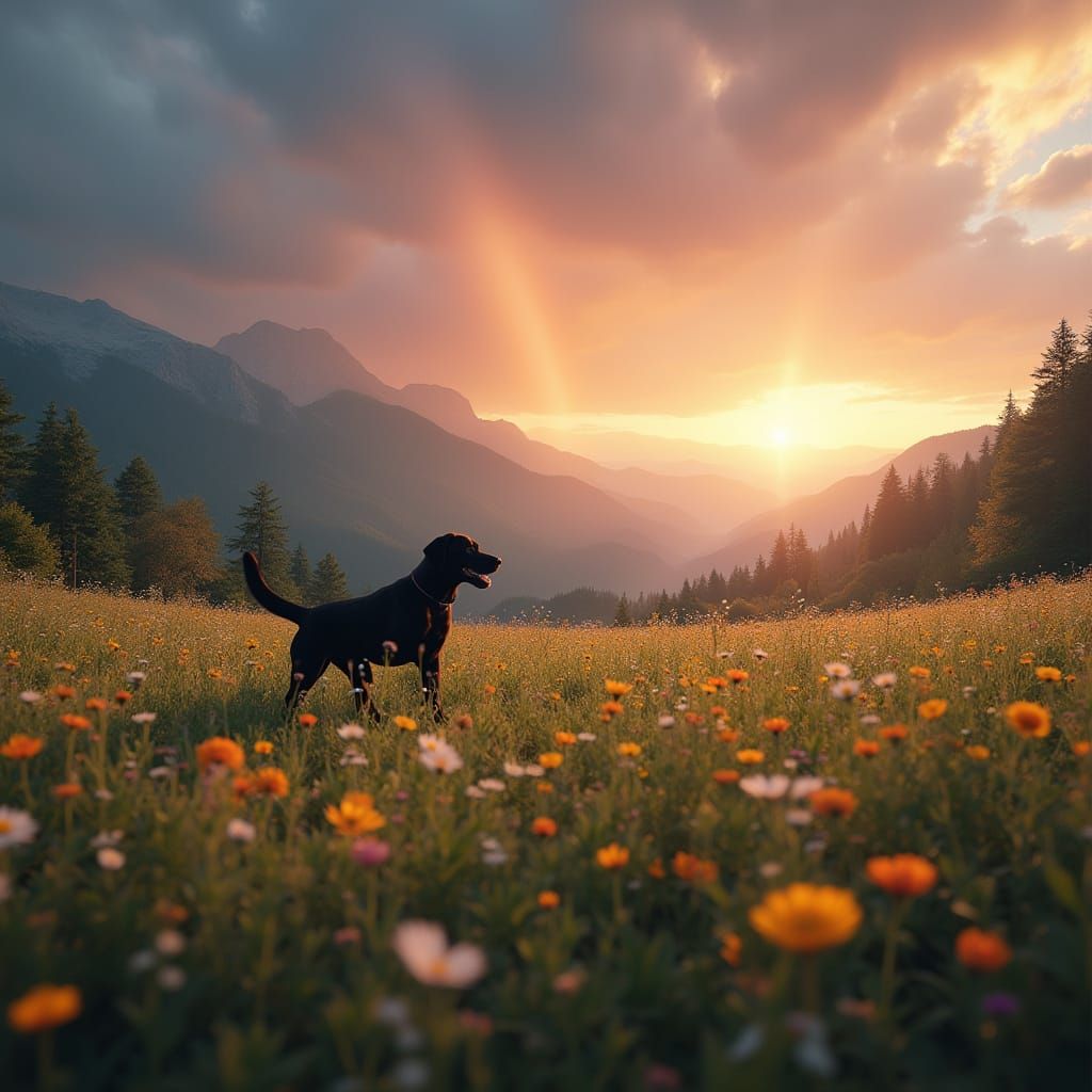 Cinematic Landscape with Labrador and Wildflowers