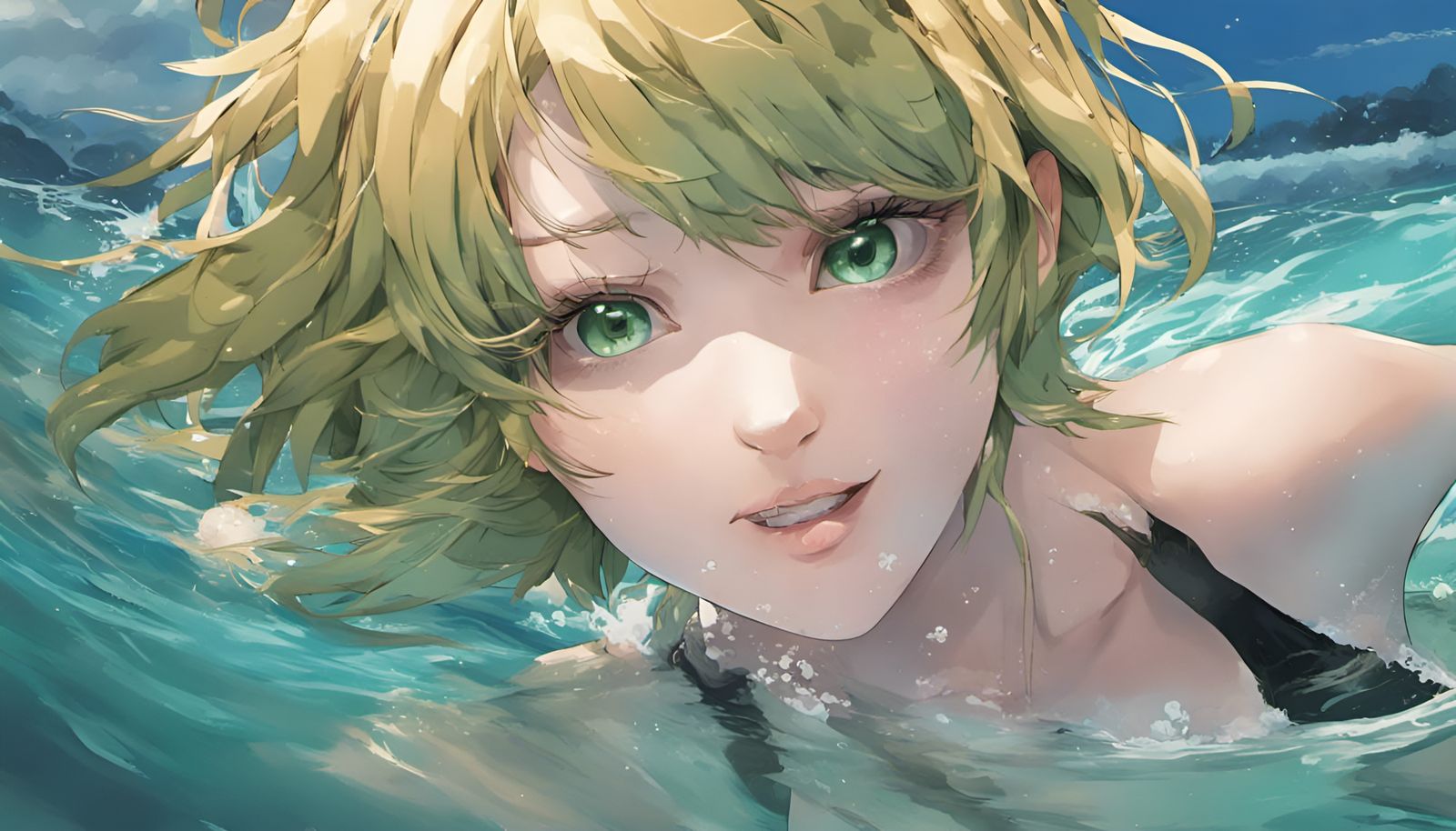 Blonde Anime Woman Swimming in Ocean