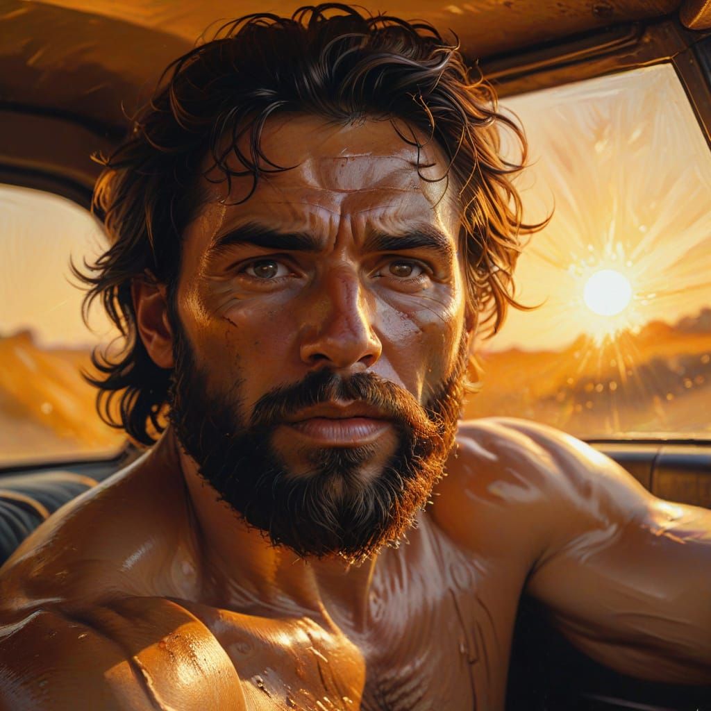 Renaissance Inspired Oil Painting of Man in Car