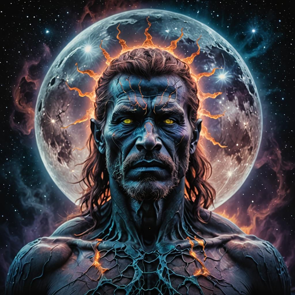 Prehistoric Man's Quantum Moon in Metallic Style