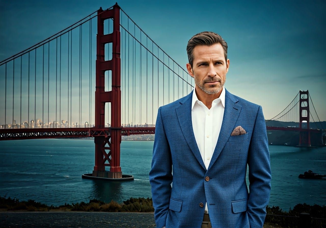 Dapper Man in San Francisco with Golden Gate Bridge