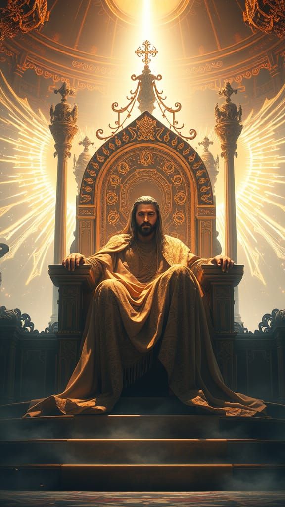 Regal Figure on Luminous Throne in Ethereal Realm