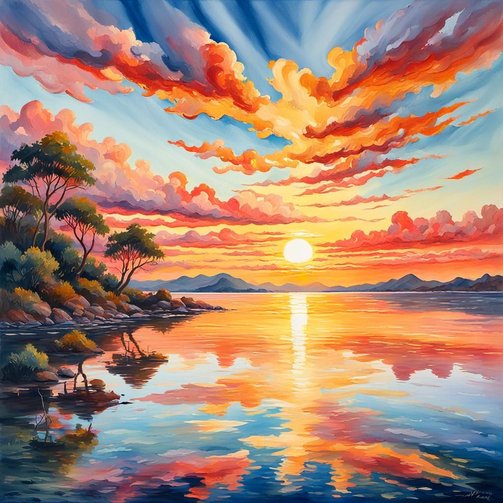 Golden Hour Seascape: An Impressionist Gouache Painting