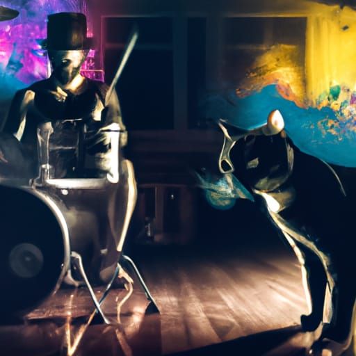 Hyperrealistic Cat-Man Drummer in Dark Rehearsal Room
