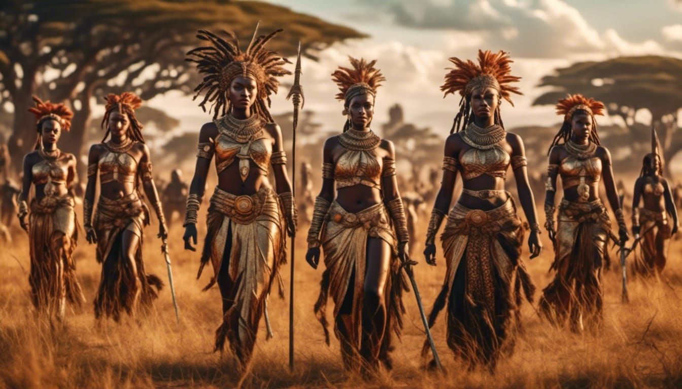 African queen leading strong female warriors