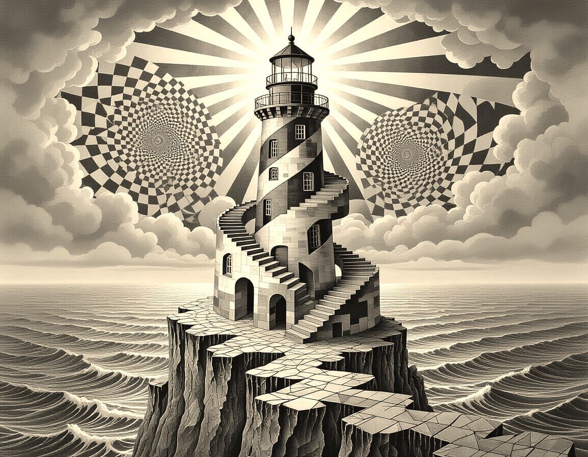 Surreal Lighthouse in Escher Style Architecture
