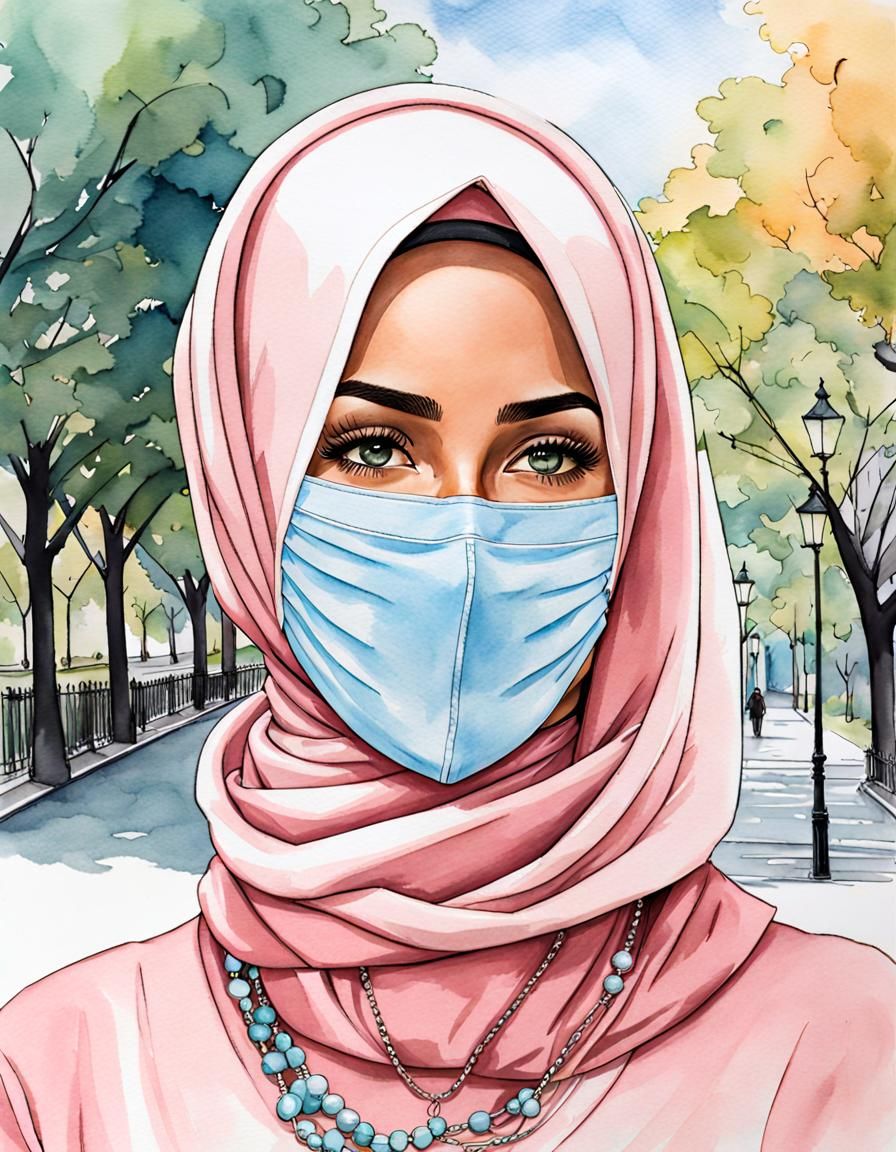 Elegant Hijabi Woman with Facemask in Watercolor Style