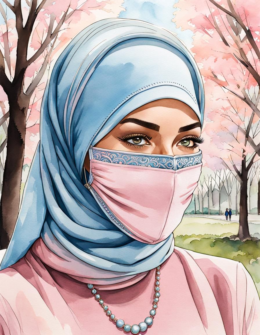 Elegant Hijabi Woman with Facemask in Watercolor Style