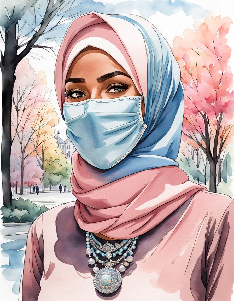 German Hijabi with Pink Mask in Watercolor Style