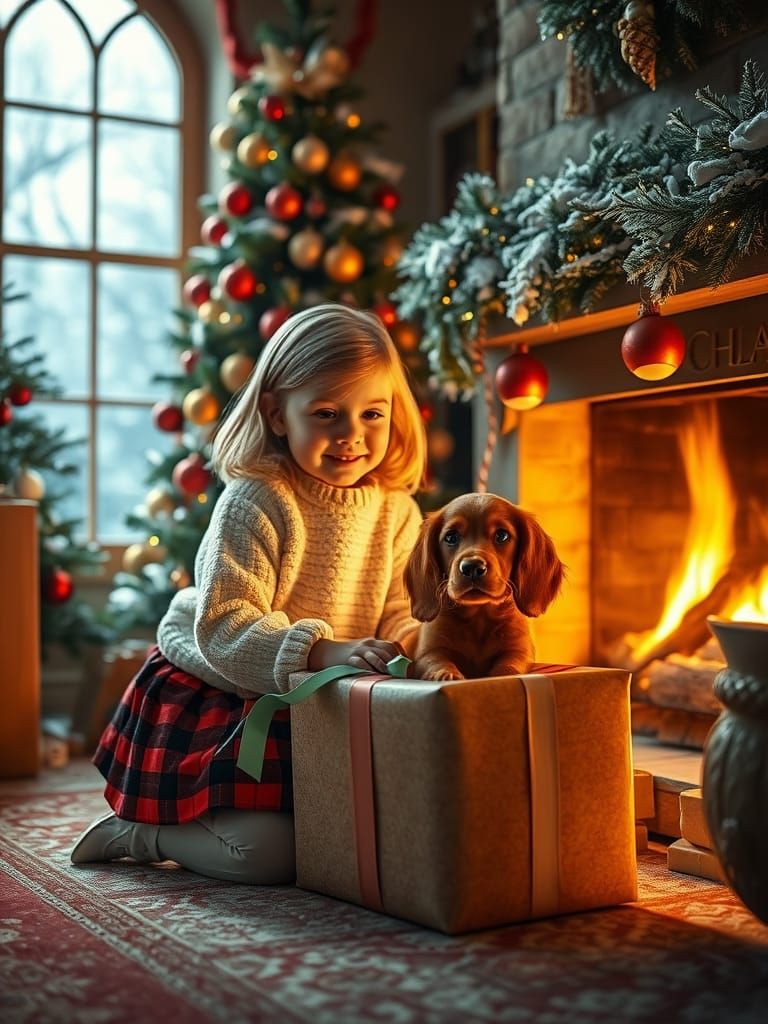 Christmas Morning Surprise: Puppy Love in Golden Light