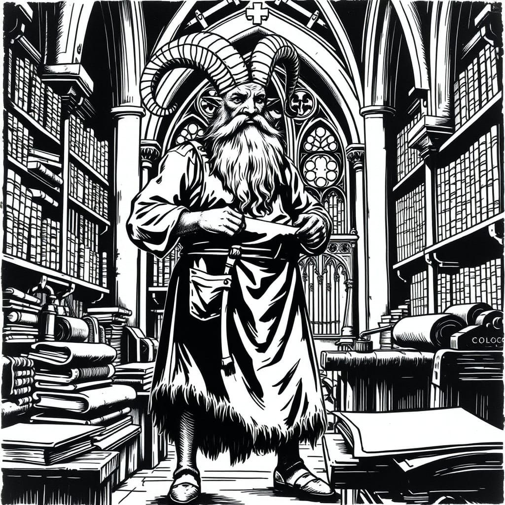 Goat God Craftsman: Woodblock Print in High Contrast