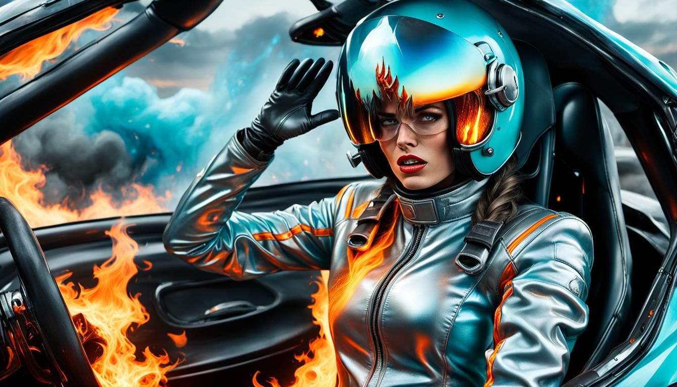 Futuristic Racer in Burning Car: Dramatic Sci-Fi Art