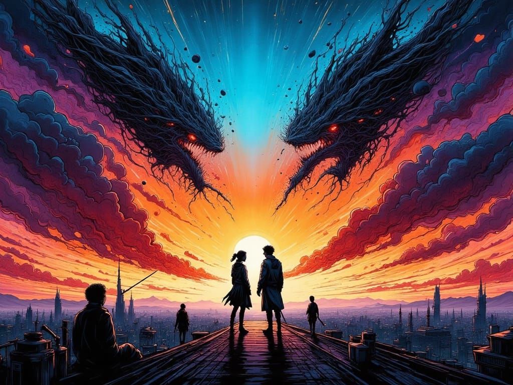 Rooftop Duel Under Swirling Ink Sky