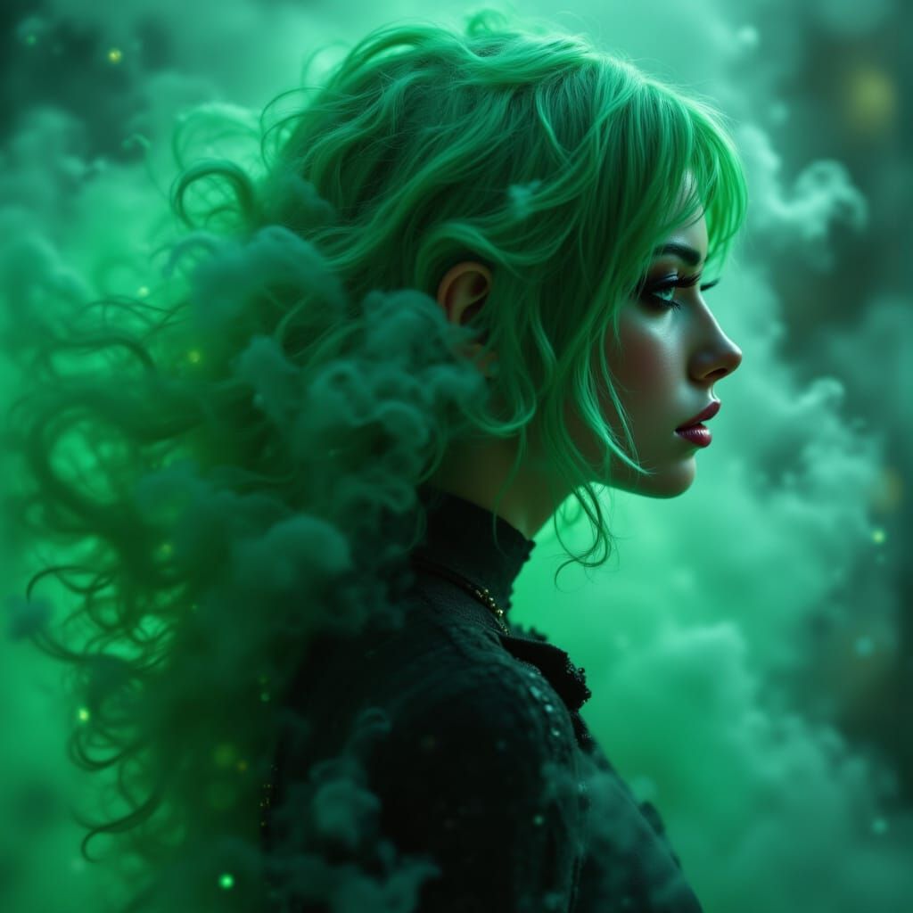 Green-Haired Woman Dissolving in Fog as Digital Art