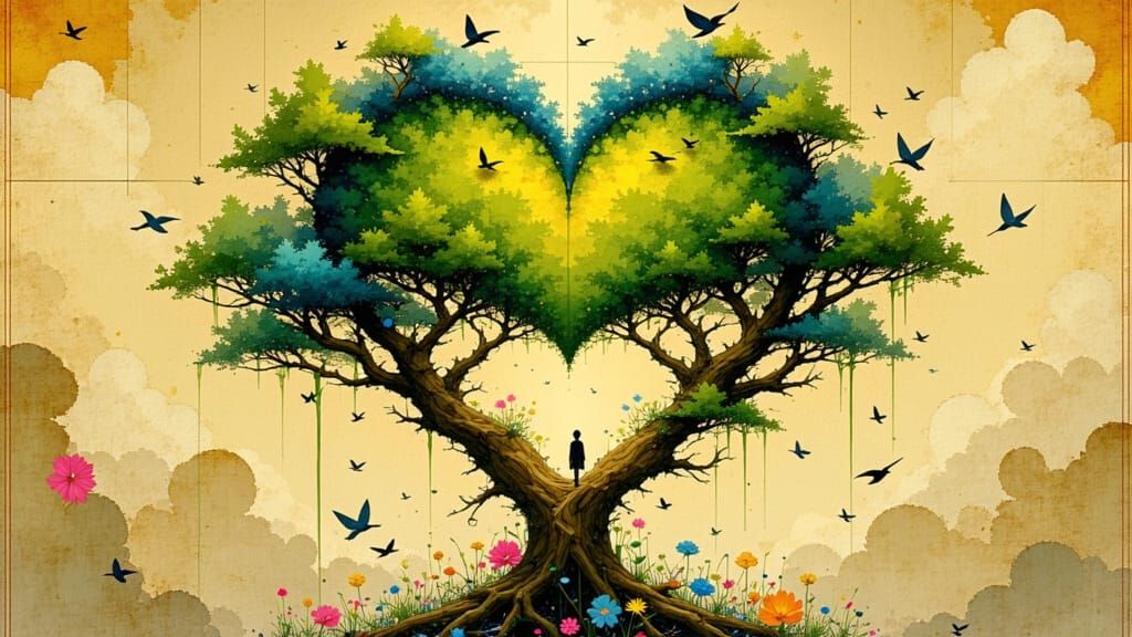 Majestic Heart-Shaped Tree in Whimsical Style