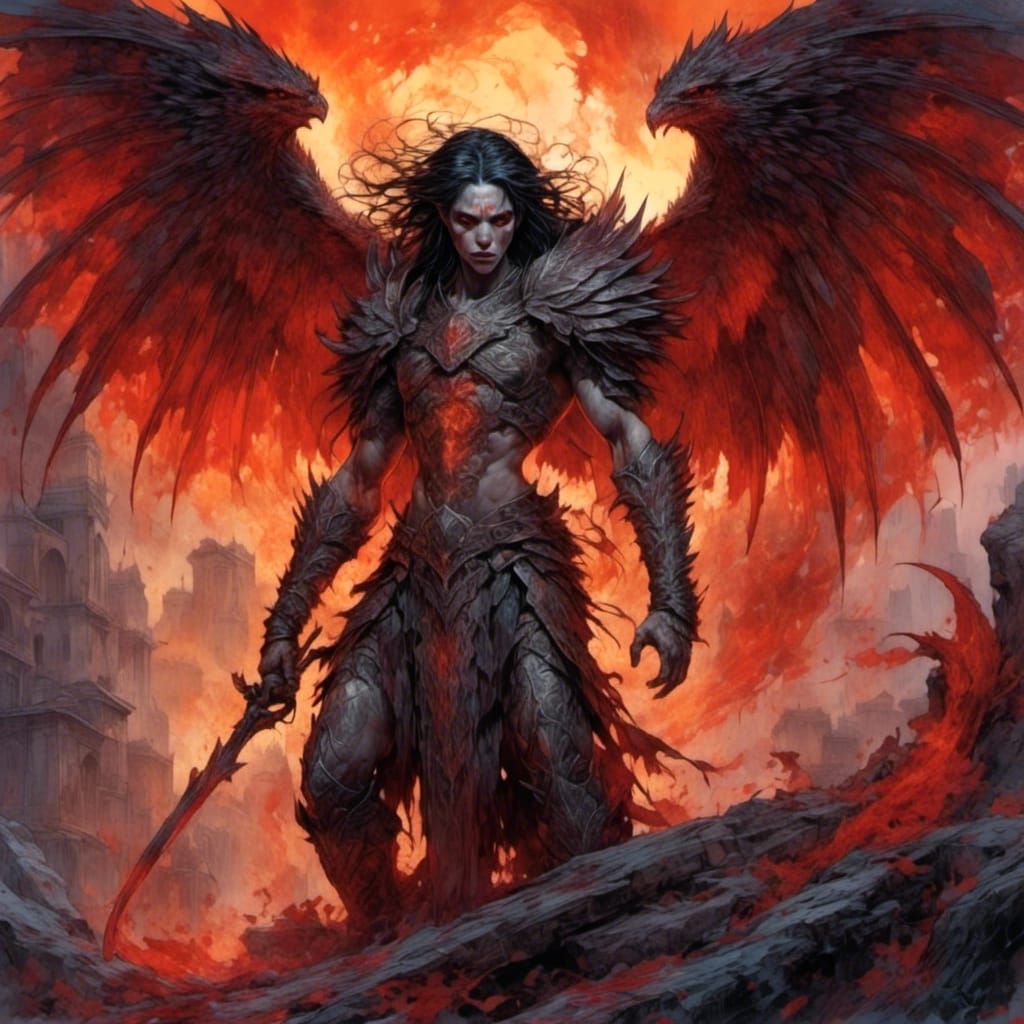 Fiery Winged Nephilim in Swords and Sorcery Style
