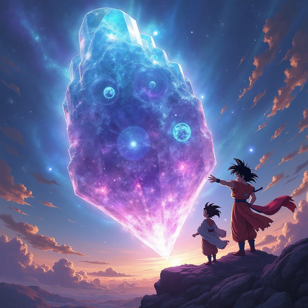 Goku Stops Crystal Meteor in Epic Sci-Fi Landscape