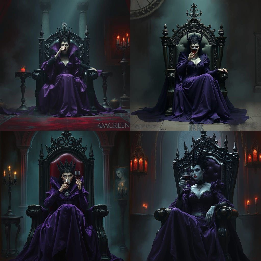 Dark Queen Reigns in Sinister Throne Room with Enchanted Win...