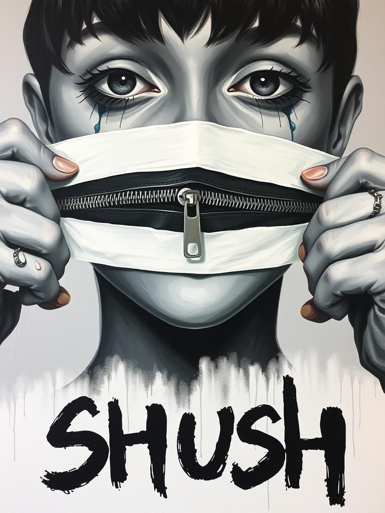 Surreal Zipper Mouth Portrait in Acrylic Paint