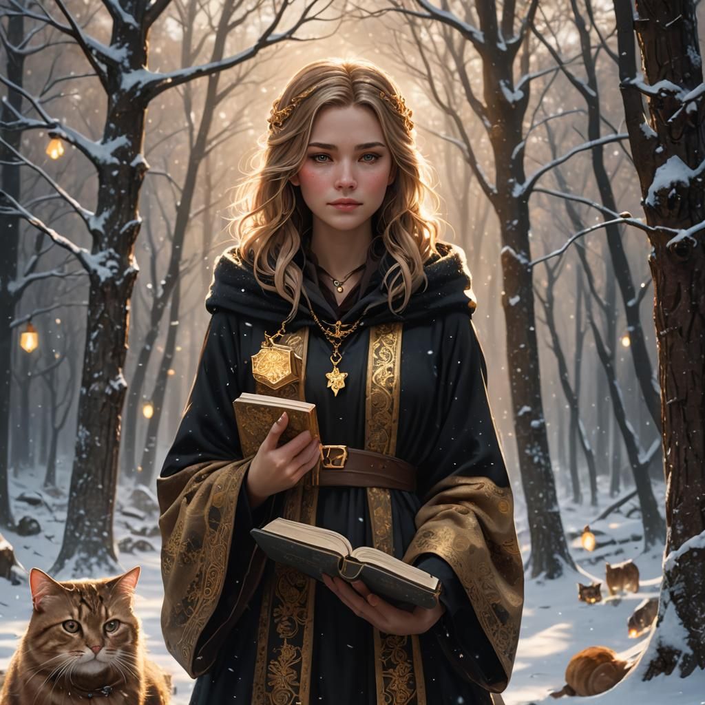 Girl with Cat in Snowy Forest: Fantasy Concept Art
