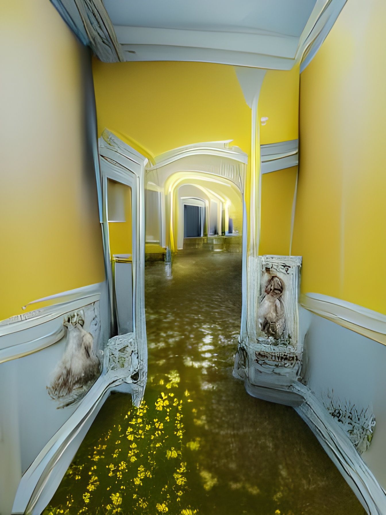 Eerie Flooded Hallway in Rococo Aesthetic