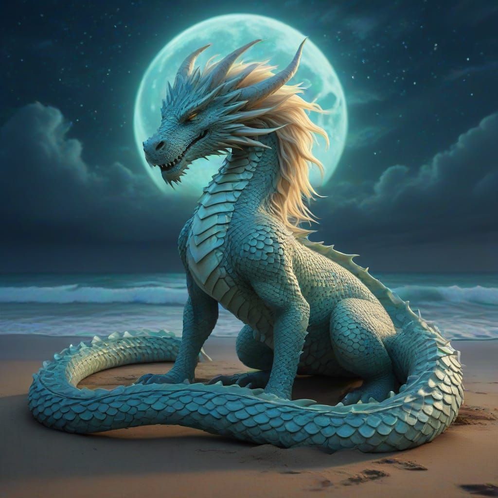 Majestic Dragon Deity with Blonde Mane on Beach