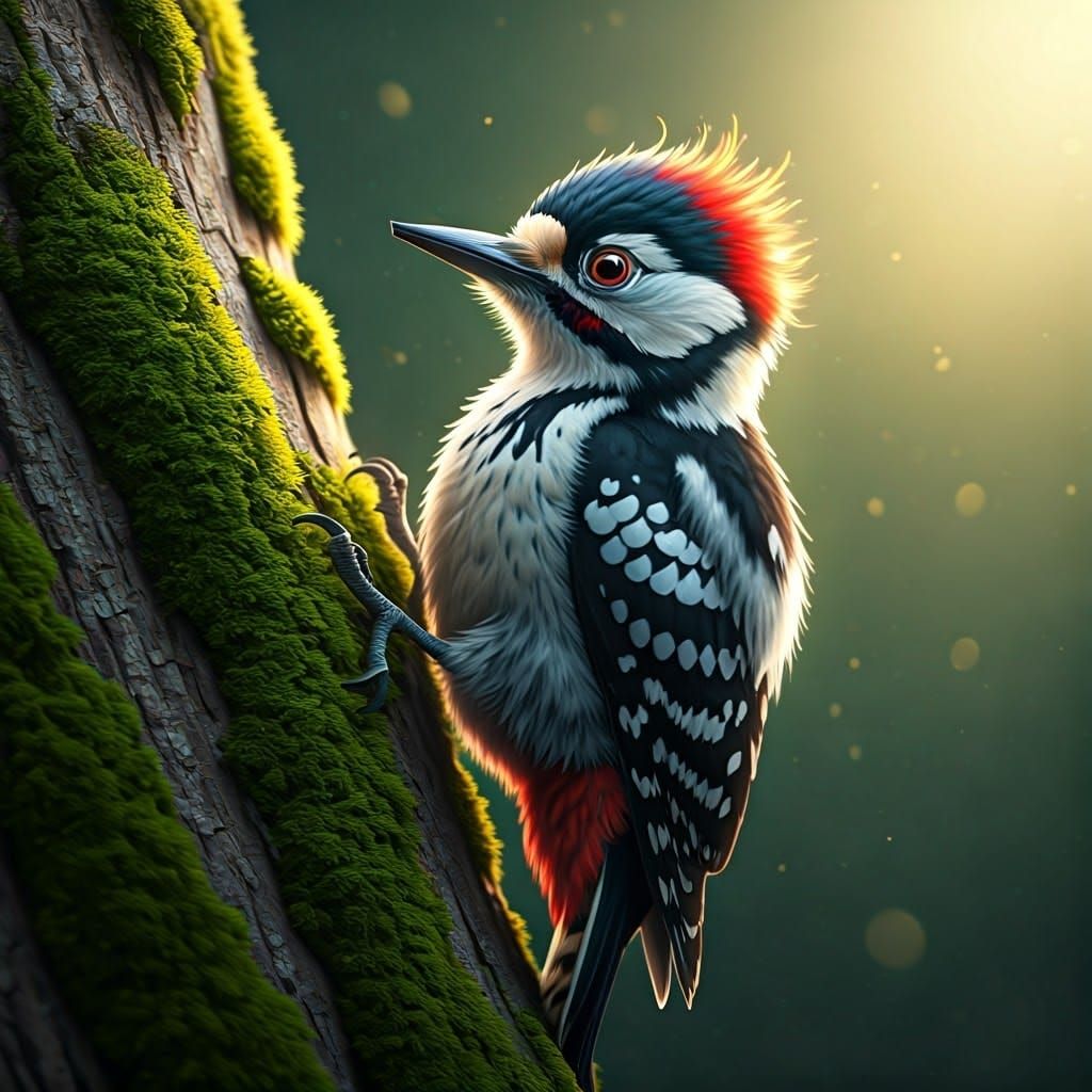 Vivid Pied Woodpecker on Leafy Tree