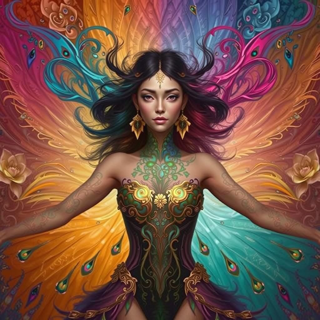 Dragon Peacock Woman in Abstract Fauvism Style