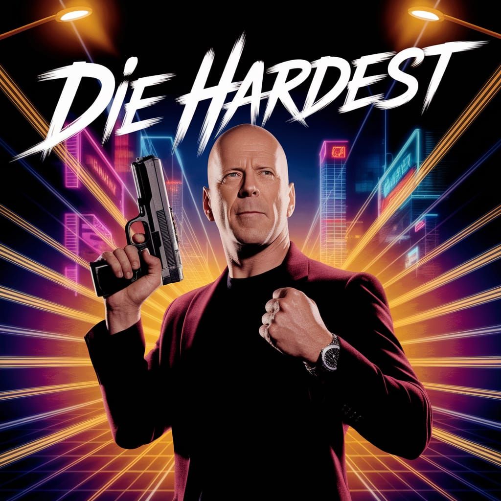 Retro 80s Action Hero in Neon Cityscape