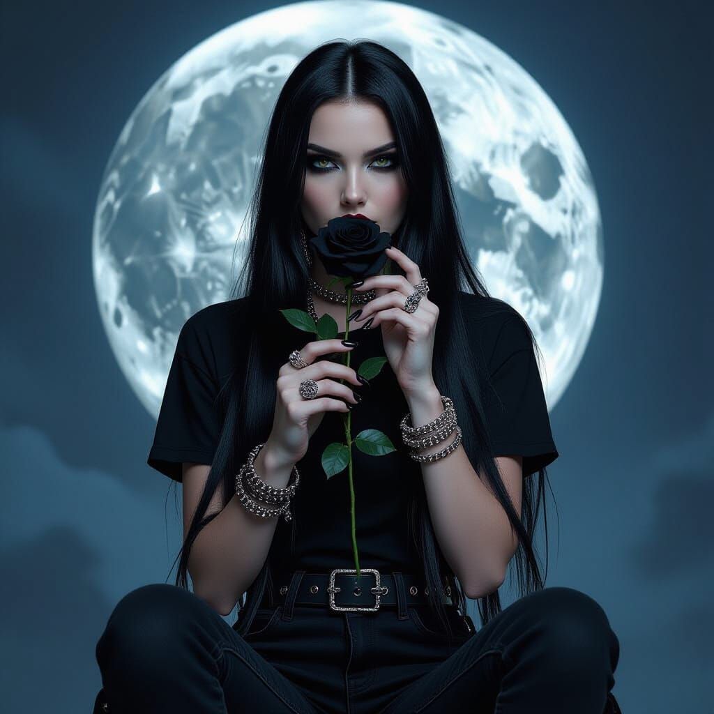 Gothic Woman with Black Rose Under Full Moon