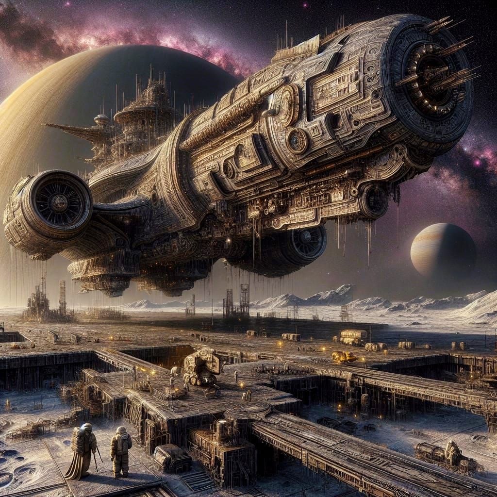Dystopian Industrial Spaceport Scene with Colossal Baroque S...