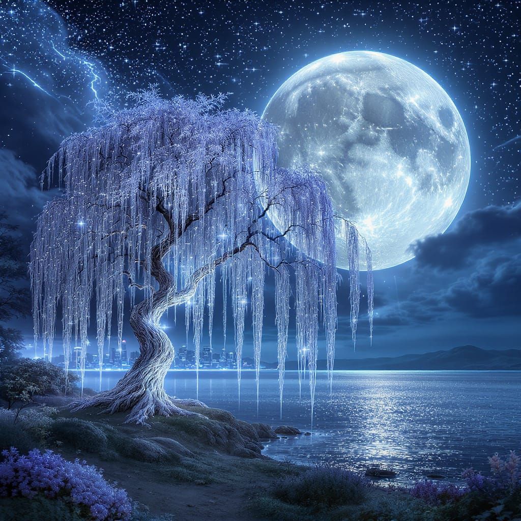 Mystical Willow Tree with Cascading Starlight