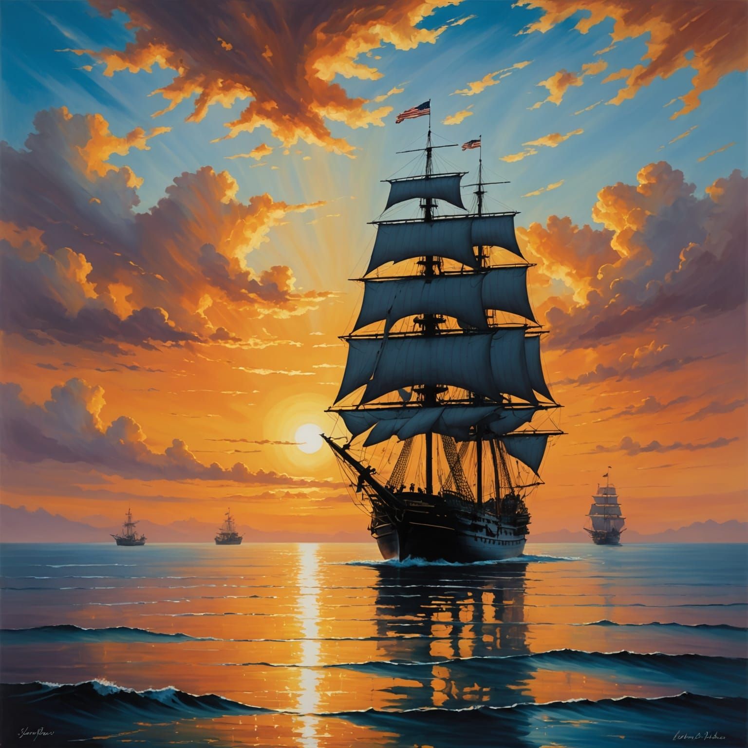 Classic Warship Silhouetted Against Vibrant Sunset in Acryli...