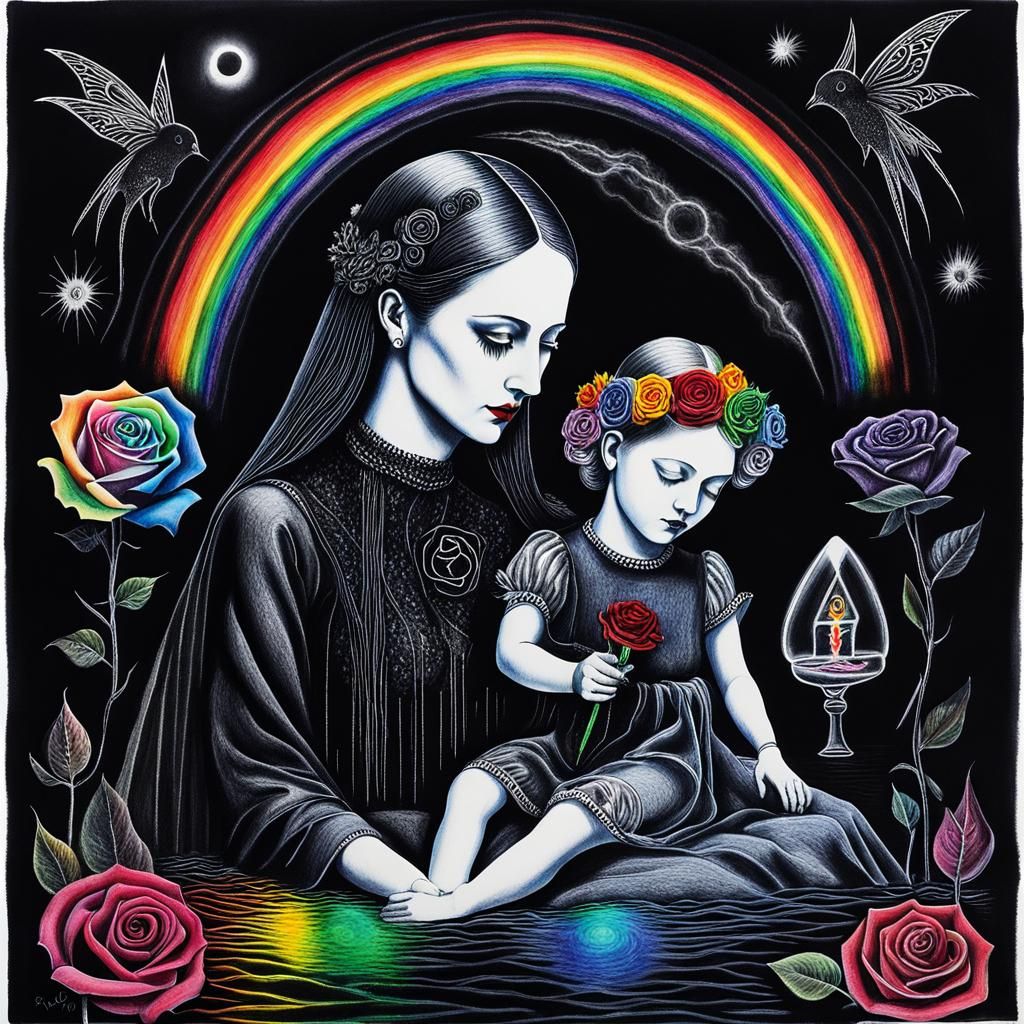 Gothic Mother and Child in Surreal Crayon Art