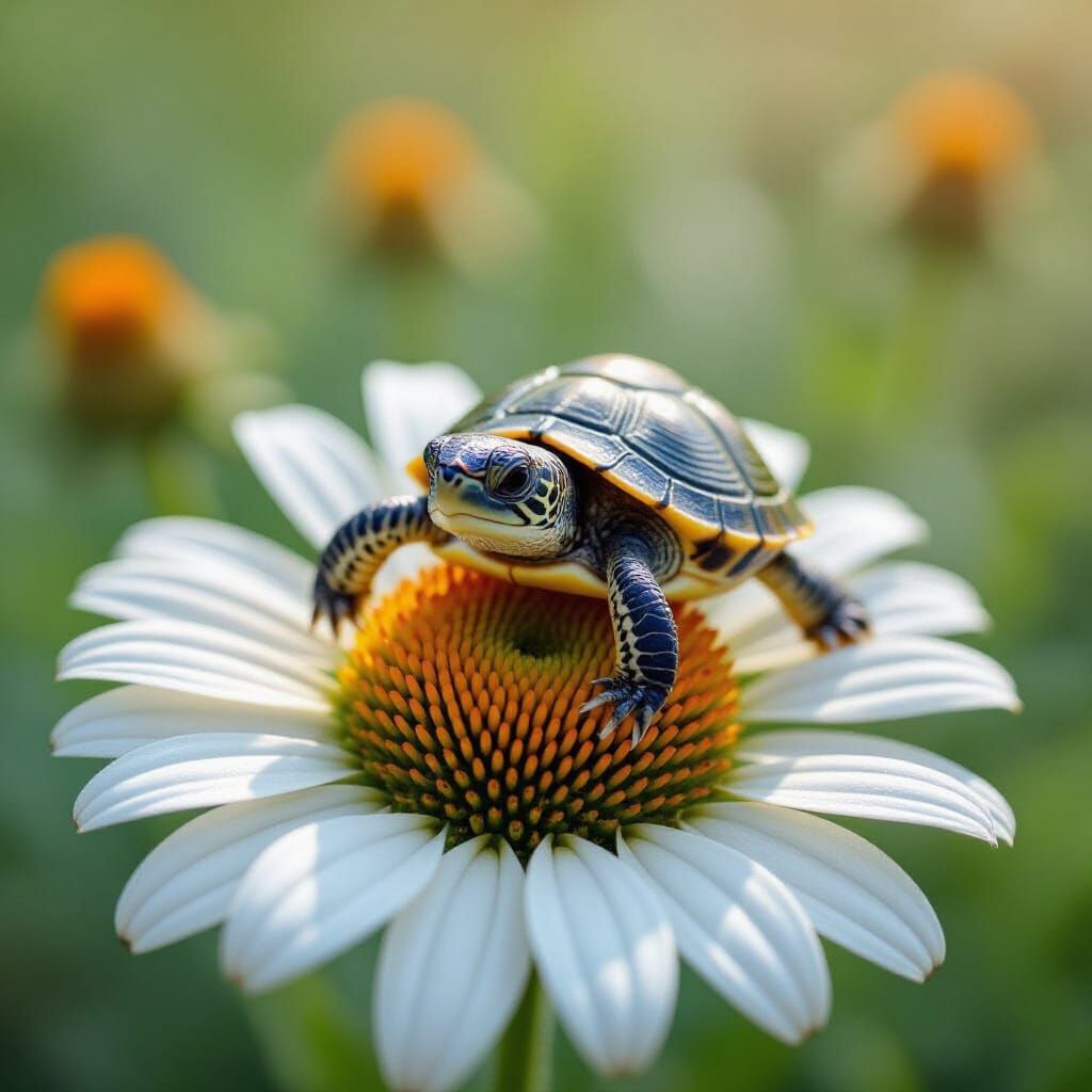 Massive turtle on daisy macro photograph