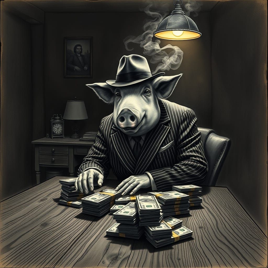 Gritty Film Noir Portrait of a Pig-Man Mob Boss
