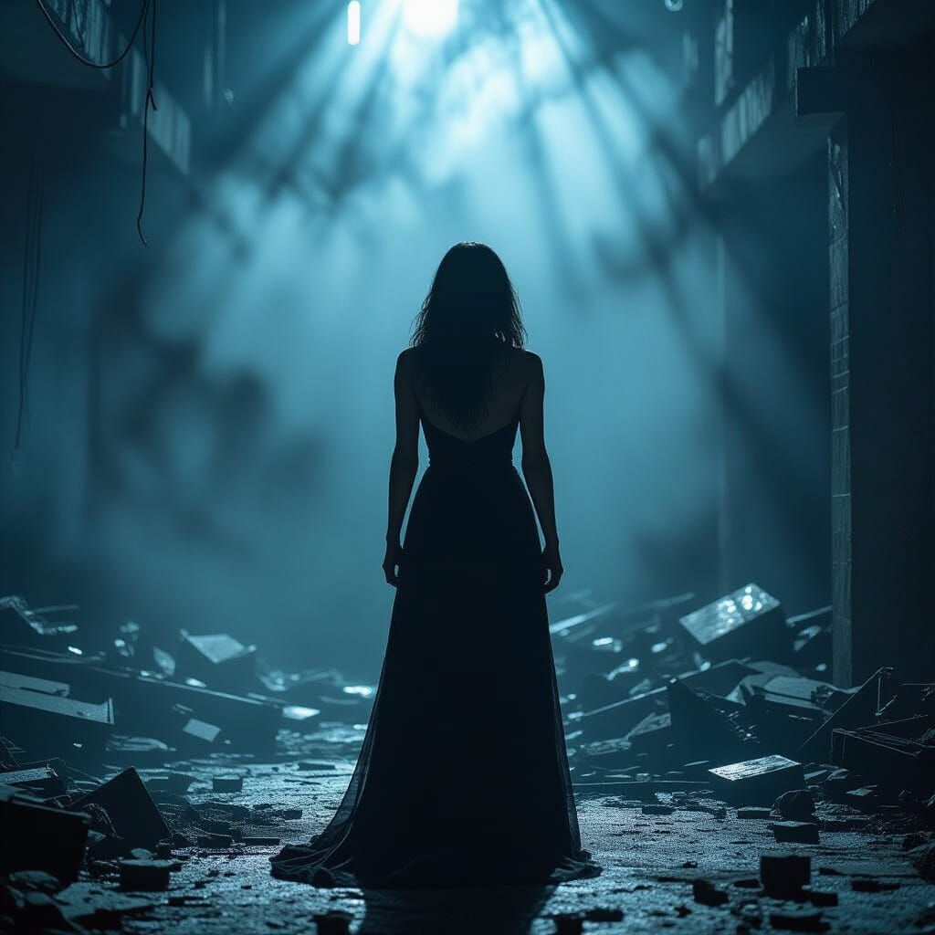 Dramatic Cinematic Scene of Woman Amidst Chaos