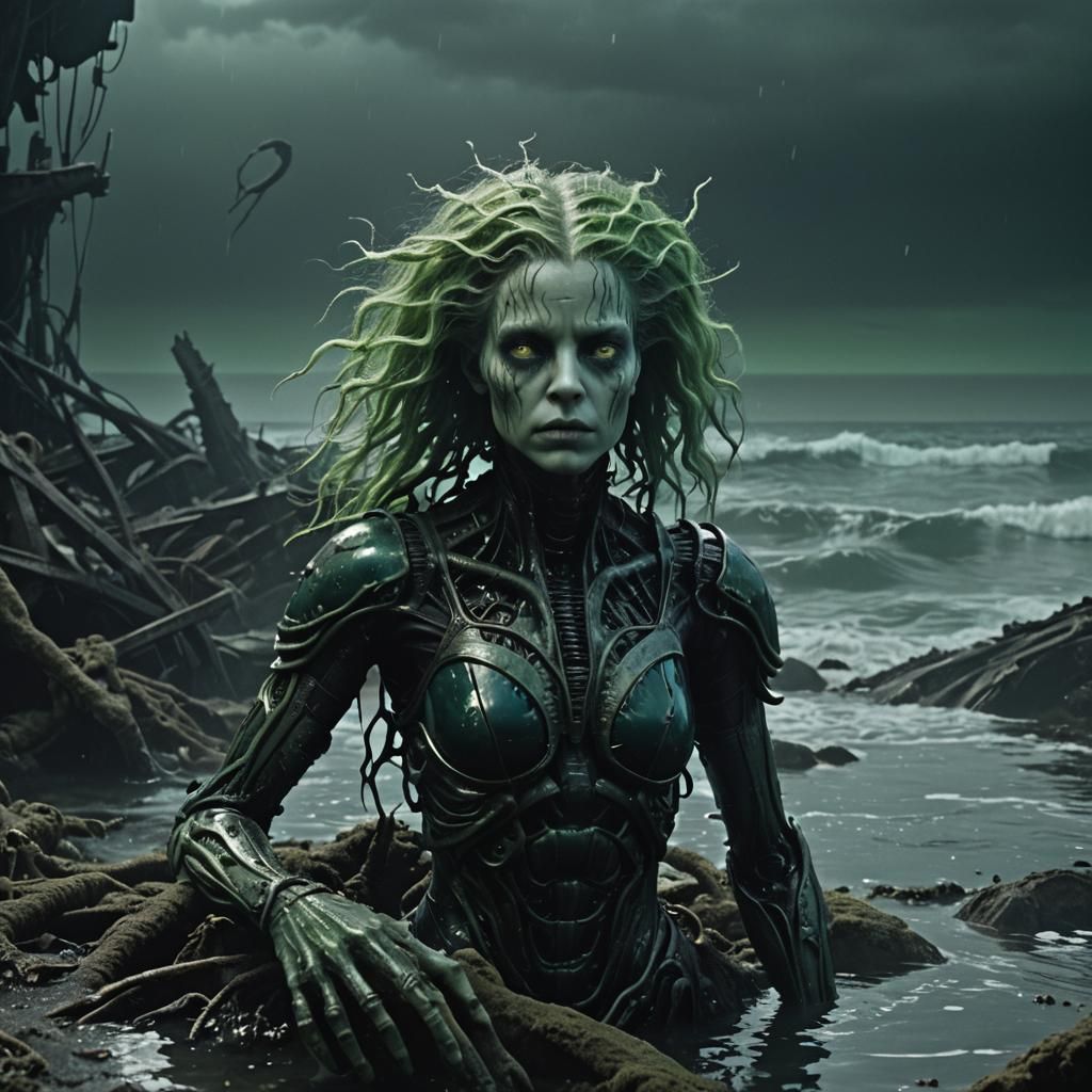 Humanoid Figure in Ocean Wreckage, Surreal Bioluminescence