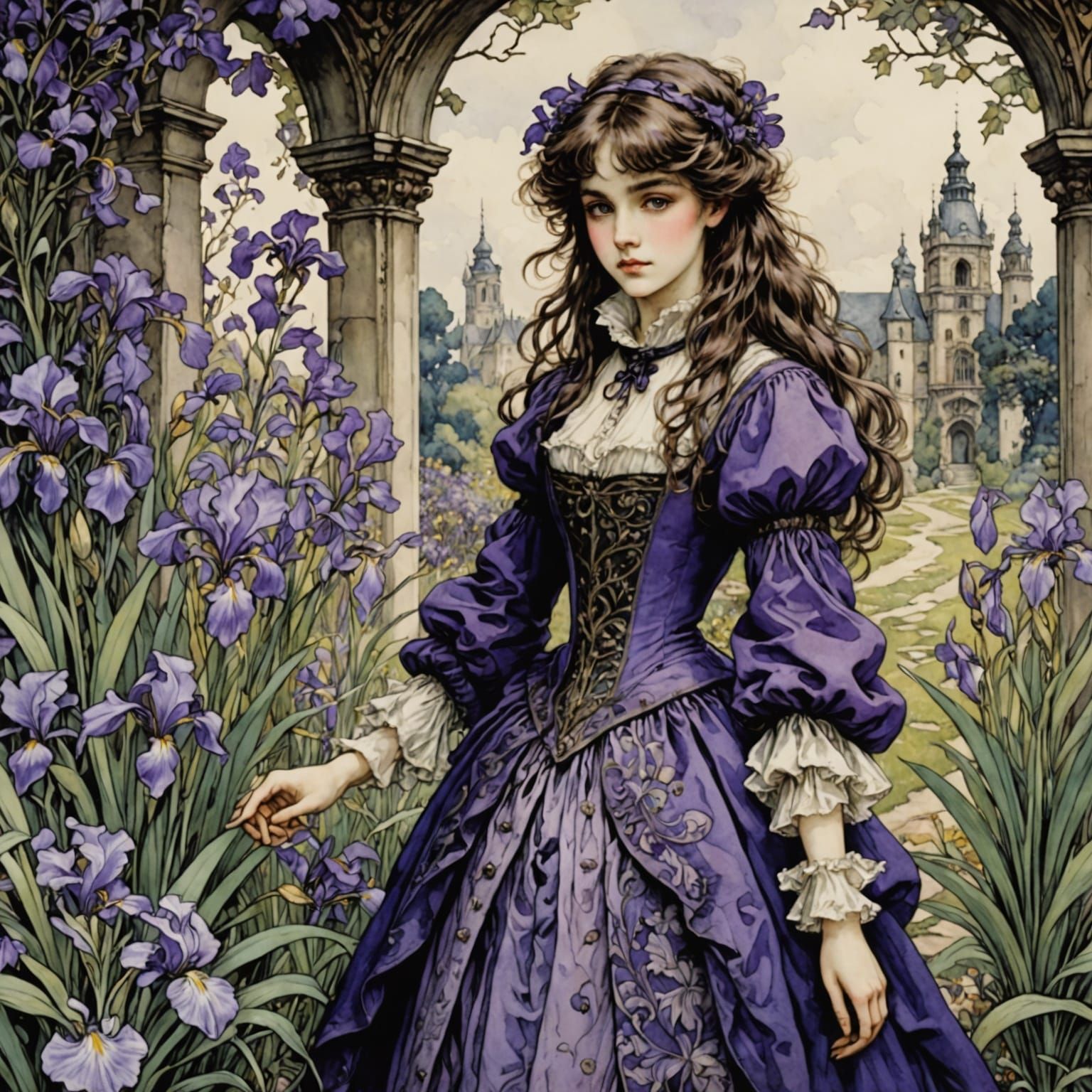 Baroque Iris Garden Scene in Arthur Rackham Anime Style
